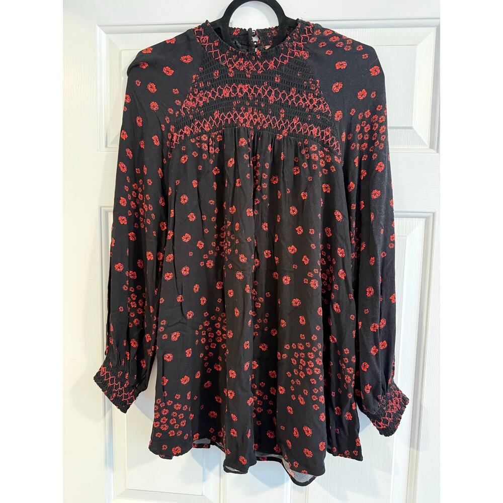 Free People Flower Power Smocked Floral Tunic Blouse - Black/Red - Small